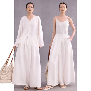 女新款 松弛感长裤 慵懒风裤 松紧腰休闲裤 子白色宽松阔腿裤 亚麻裙裤