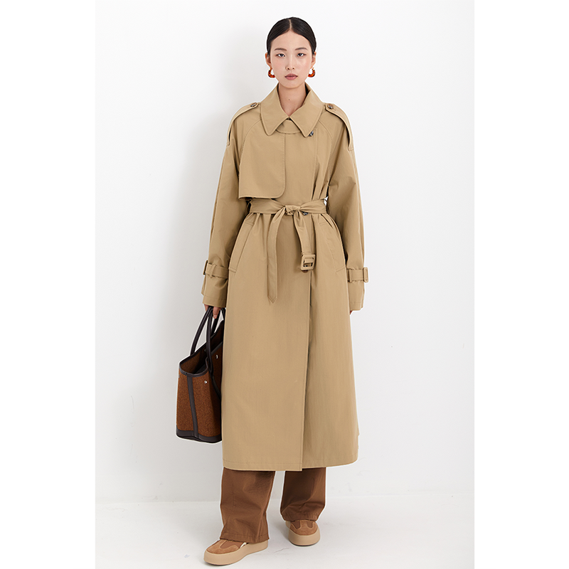 CR卡其长款休闲宽松翻领风衣外套