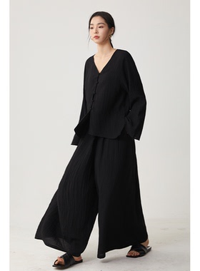 CR裙裤子女装春夏新款长裤气质高级松弛风后松紧腰黑色休闲阔腿裤