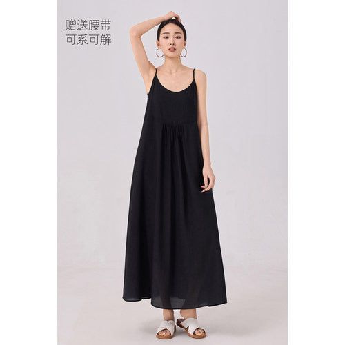 吊带连衣裙女简约黑色A字长裙