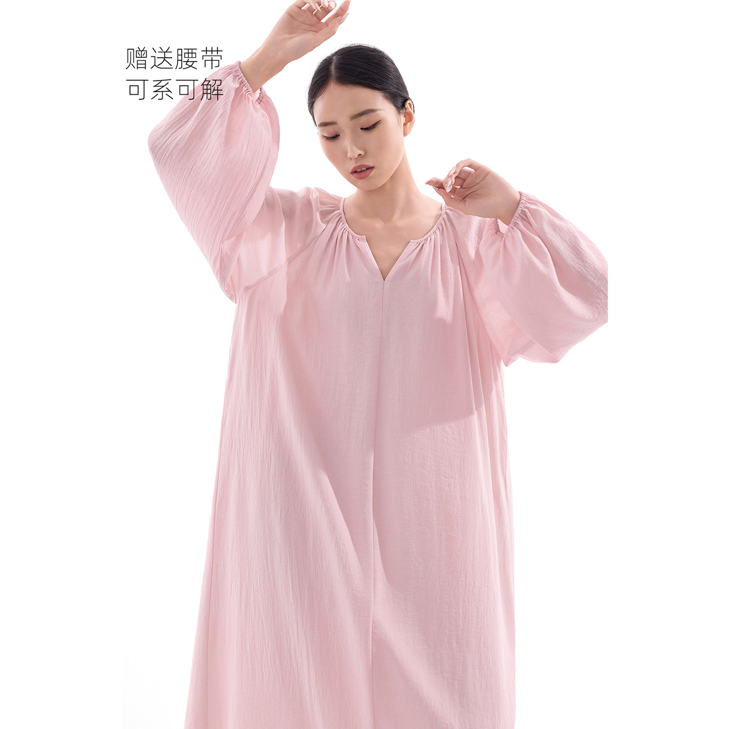 CR灯笼袖系带茶歇慵懒风连衣裙图片