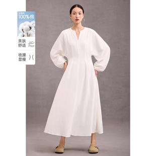 白色连衣裙棉收腰显瘦灯笼袖长袖长裙2026春秋新款法式通勤气质女