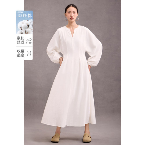 白色连衣裙棉收腰显瘦灯笼袖长袖长裙2025春秋新款法式通勤气质女