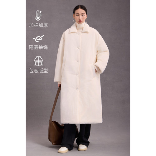 米白色加厚保暖棉服抽绳收腰设计