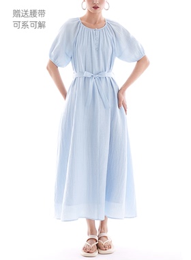 连衣裙圆领短袖设计扣松弛气质宽松系带显瘦2026春夏新款女士蓝色