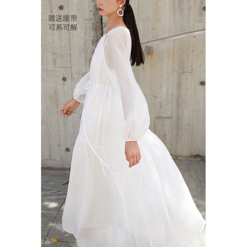 CR白色圆领天丝皱宽松长裙不规则