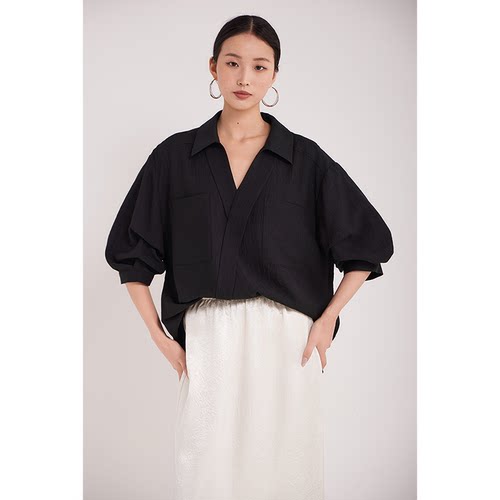 CRV领捏褶袖宽松设计感衬衫黑色