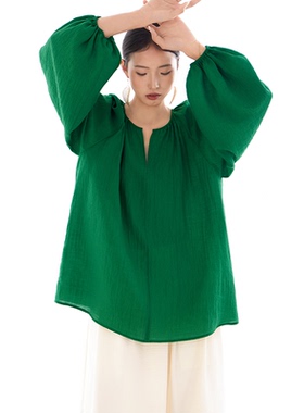 衬衫上衣衬衣春夏秋小衫女装2025新款chic气质皱松弛长袖罩衫绿色