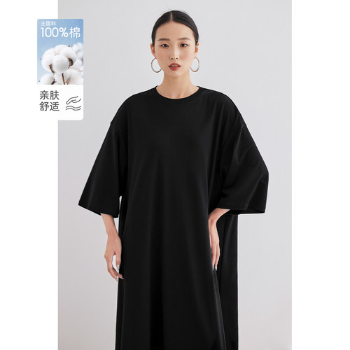 连衣裙女黑色宽松开叉直筒长裙子