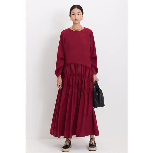 CR酒红色斯马克打揽长袖连衣裙