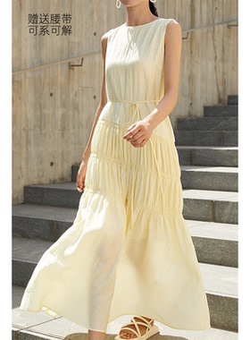 奶乎乎～CR连衣裙子长裙女装斯马克工艺2026新款夏装黄色法式无袖