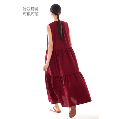 裙子女早春漂亮连衣裙红色无袖蛋糕裙长裙宽松海边度假风出游穿搭