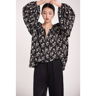 印花自然罩衫 衬衫 气质宽松松弛长袖 女新款 黑色 上衣衬衣春夏秋小衫
