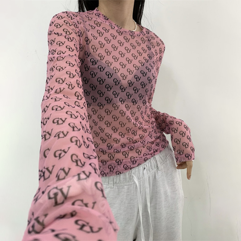 防晒衣冰丝长袖t恤女甜辣风透视网纱上衣薄款字母打底衫紧身内搭