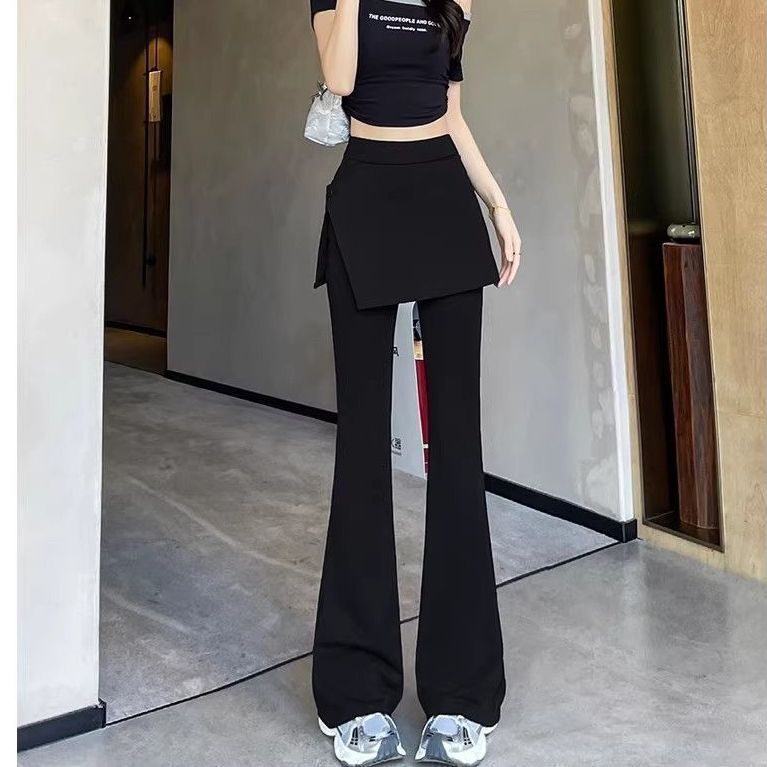黑色假两件微喇裤女夏季新款高腰显瘦屁帘一体拼接叠穿裙裤喇叭裤图片