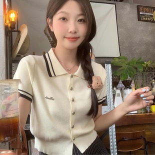 小香风减龄 独特绝美法式 polo领撞色冰丝针织小开衫 短袖 女夏季