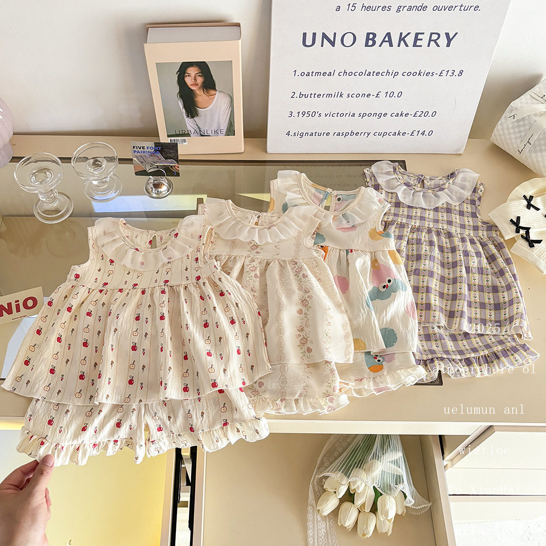 两件套云边卡通套装夏季2025薄款无袖公主女宝宝可爱碎花裙子图片