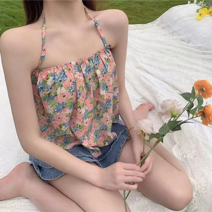 纯欲风性感碎花挂脖吊带背心内搭设计感美背辣妹肚兜短款上衣