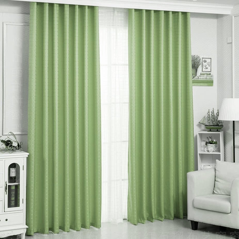 纯绿咖蓝米白色素格简约现代窗帘布成品套办公室学校工厂阳台定制