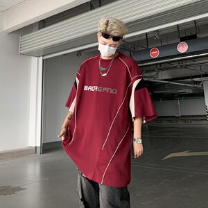 MA294-P40复古运动线条拼接短袖新款宽松五分袖体恤衫百搭休闲图片