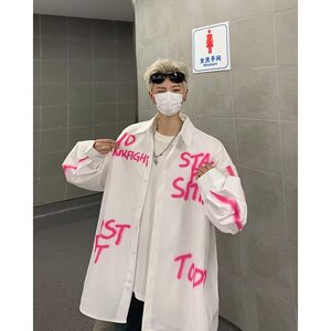 MA478-P50春秋美式手绘涂鸦长袖衬衫宽松痞帅印花衬衣男生穿搭图片