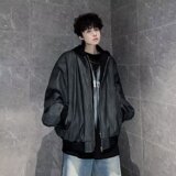 MA540-P83高级黑灰色纹理拉链连帽假两件皮夹克宽松飞行员pu皮衣，男装夹克，星座1611A