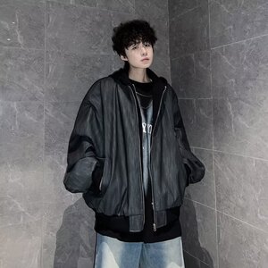 MA540-P83高级黑灰色纹理拉链连帽假两件皮夹克宽松飞行员pu皮衣图片