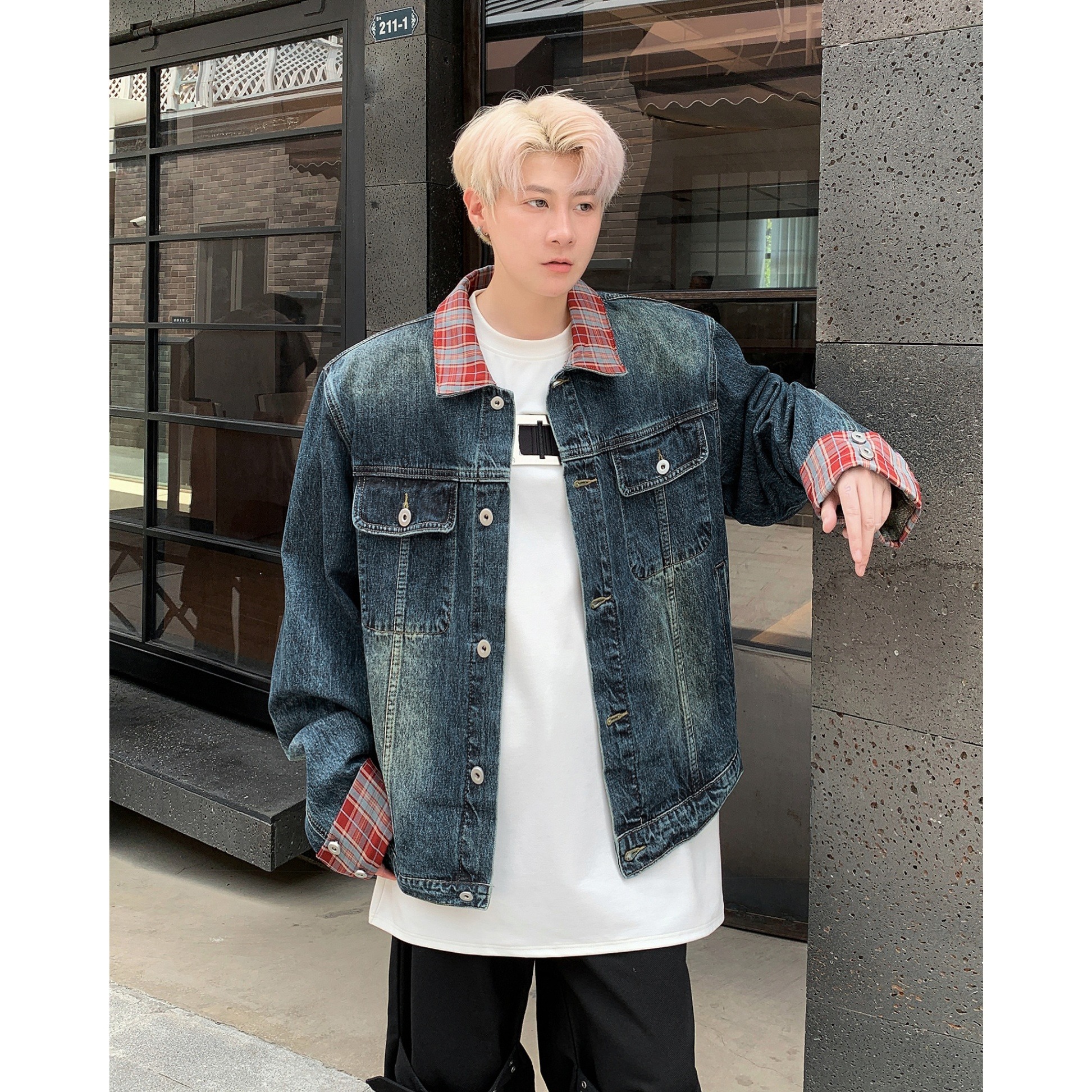 MA538-P72美式复古格纹翻领牛仔外套男春秋款小众高级感短款夹克,男装工装外套,星座1611A MA538-P72美式复古格纹翻领牛仔外套男春秋款小众高级感短款夹克,男装工装外套,星座1611A