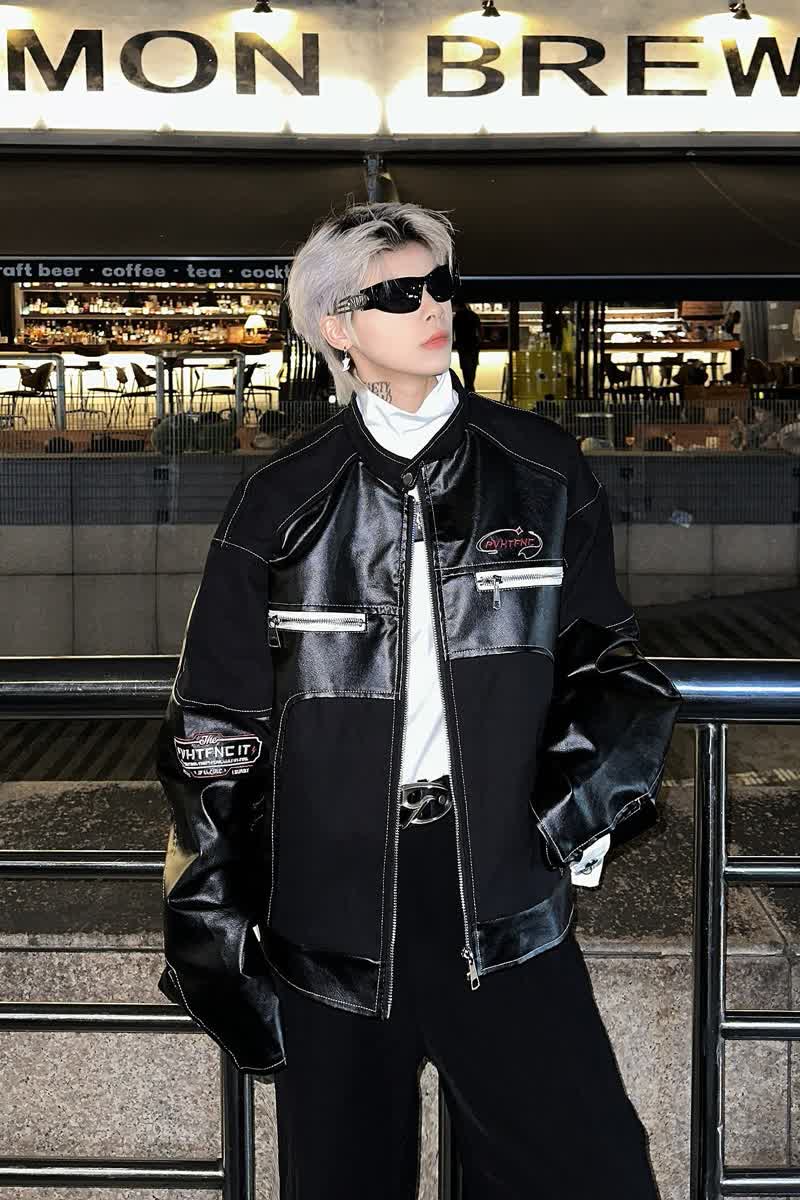MA704-P70美式复古pu皮机车服拼接夹克设计感宽松休闲短款外套,男装夹克,星座1611A