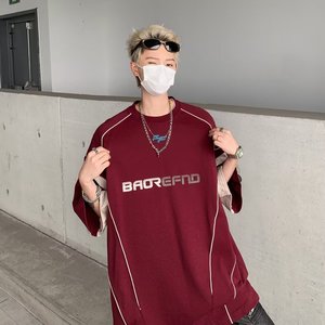 MA294-P40复古运动线条拼接短袖新款宽松五分袖体恤衫百搭休闲图片