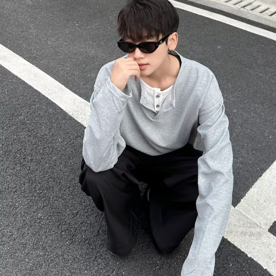 MA651-P42假两件亨利领长袖男款春秋新款重磅内搭打底衫宽松上衣,男装T恤,星座1611A