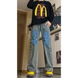 MA556-P48美式街头做旧涂鸦牛仔裤春秋直筒宽松欧美高街vibe风裤，男装牛仔裤，星座1611A