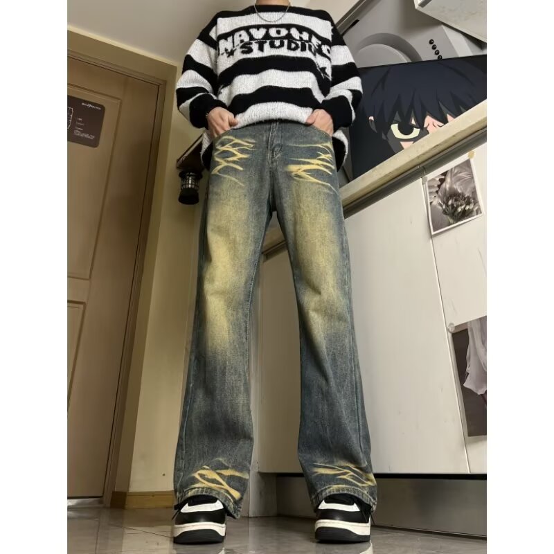 MA668-P52黄泥色直筒裤长裤美式嘻哈牛仔裤潮微弹水洗常规牛仔裤图片