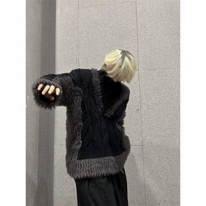 MA588-P60美式街头大V领毛绒拼接针织毛衣高街慵懒风宽松上衣图片