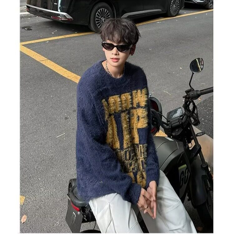 MA544-P60美式高街复古水貂绒900克字母慵懒毛衣宽松情侣针织衫,男装针织衫/毛衣,星座1611A