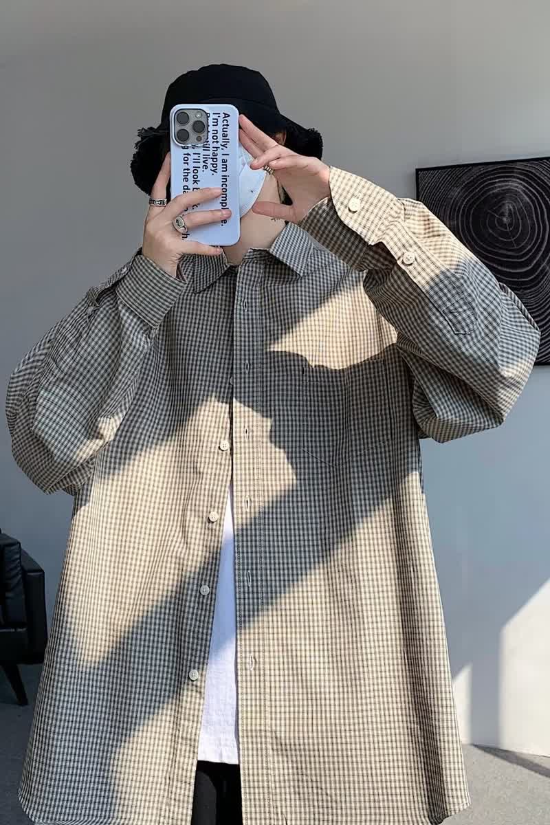 MA492-P45日系复古v无性别格子衬衫长袖格纹衬衣春秋宽松情侣外套,男装衬衫,星座1611A