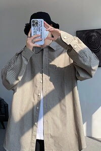 MA492-P45日系复古v无性别格子衬衫长袖格纹衬衣春秋宽松情侣外套图片