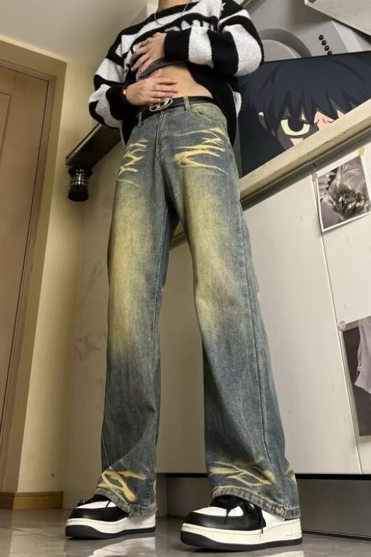 MA668-P52黄泥色直筒裤长裤美式嘻哈牛仔裤潮微弹水洗常规牛仔裤,男装牛仔裤,星座1611A