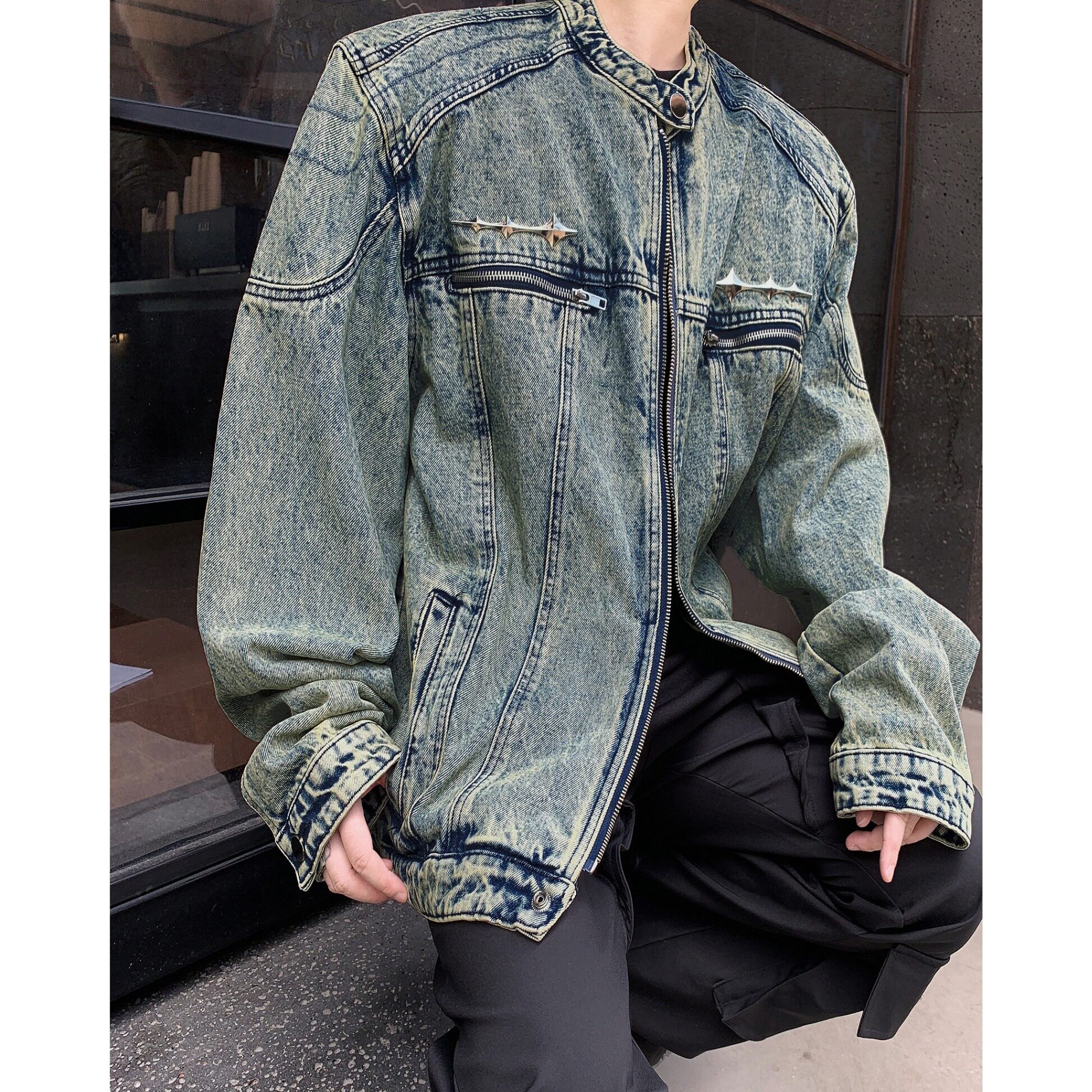 MA510-P75美式复古做旧水洗短款拼接牛仔外套金属设计感无领夹克,男装工装外套,星座1611A