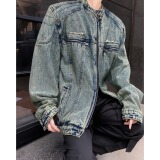 MA510-P75美式复古做旧水洗短款拼接牛仔外套金属设计感无领夹克，男装工装外套，星座1611A