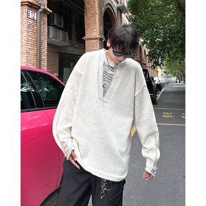 MA531-P42美式镂空深V设计长袖针织衫高级感痞帅T恤慵懒风上衣