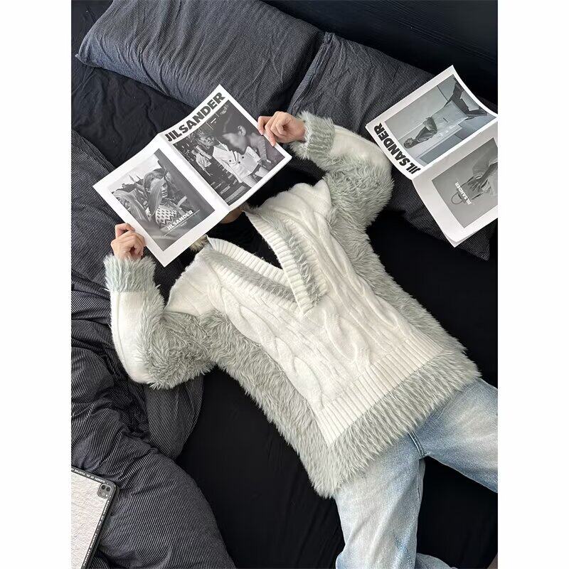 MA588-P60美式街头大V领毛绒拼接针织毛衣高街慵懒风宽松上衣，男装针织衫/毛衣，星座1611A