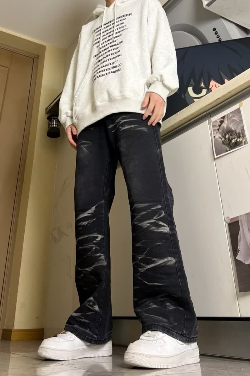 MA752-P50新款美式复古做旧水波纹牛仔裤宽松直筒欧美高街vibe裤,男装牛仔裤,星座1611A