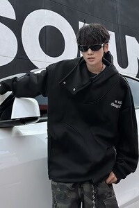 MA597-P55美式街头嘻哈不规则连帽卫衣秋季情侣宽松重磅拼接外套图片