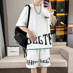 MC471-P36美式复古华夫格休闲大码字母印花五分袖男夏季宽松套装图片