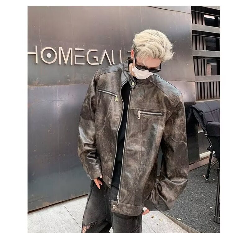 MA542-P95皮衣夹克垫肩外套小立领机车服新款美式复古痞帅皮夹克,男装夹克,星座1611A