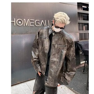 MA542-P95皮衣夹克垫肩外套小立领机车服新款美式复古痞帅皮夹克图片