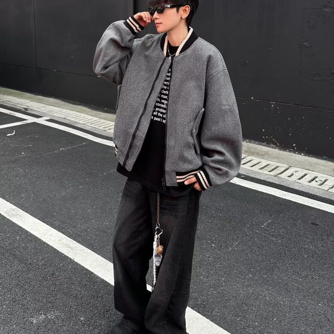 MA712-P75毛呢夹克秋冬季潮牌高级感短款棉衣外套宽松复古棒球服,男装夹克,星座1611A