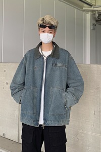 MA599-P73翻领拉链大口袋牛仔夹克日系复古工装宽松休闲潮流外套图片