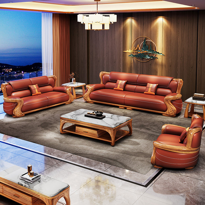 欧式乌金木真皮沙发现代新中式客厅家具大户型奢华别墅全实木组合